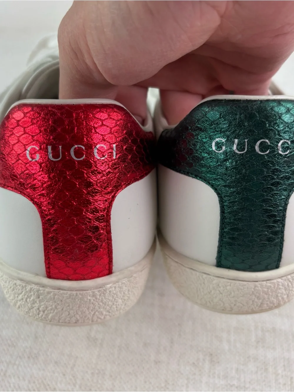 Gucci White Leather Sneakers with Red and Green Stripe and Red Heel